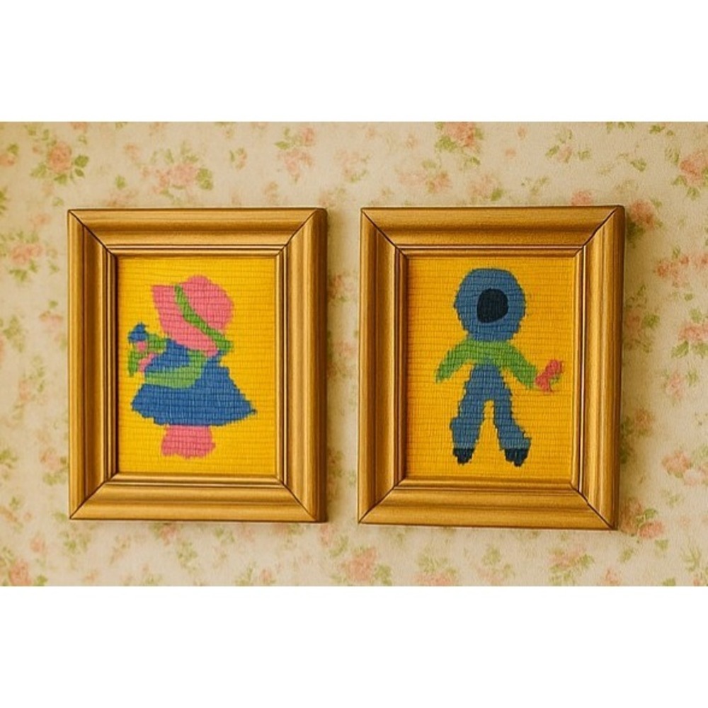 VTG 1974 Needlepoint Boy & Girl Room Framed Art Set Cottagecore Nursery Decor